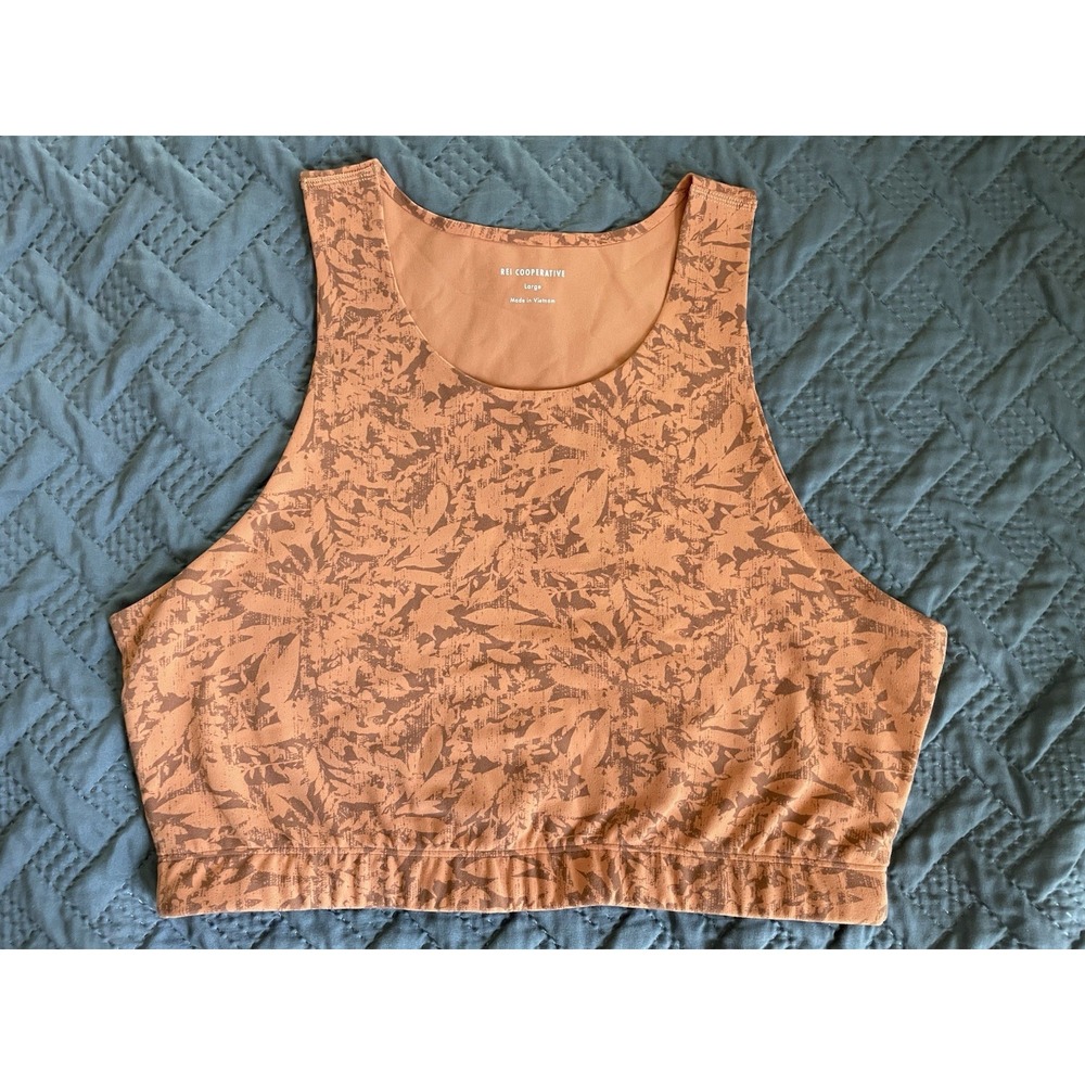 REI Cooperative "Tank Your Time" High-Neck Printed Cropped Sports Bra Orange